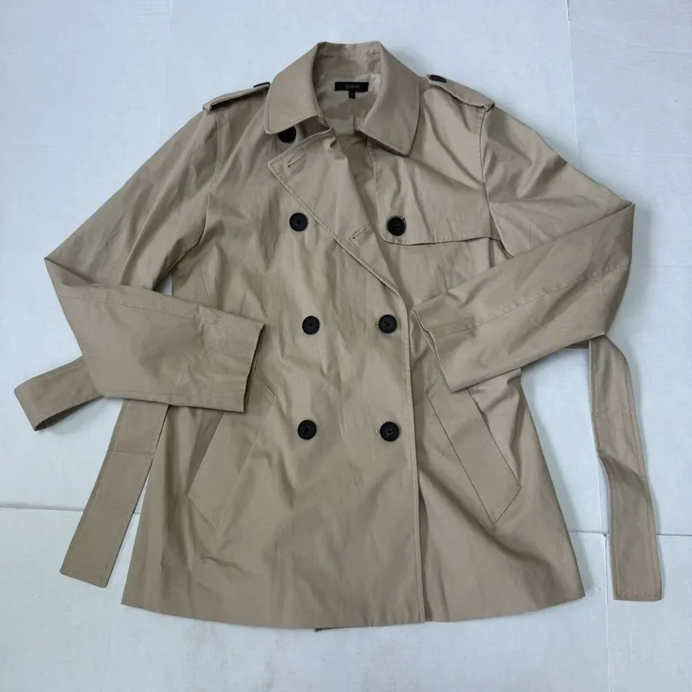 Quince Women Comfort Stretch Short Trench Coat Tan Khaki Outerwear Medium - Picture 4 of 14